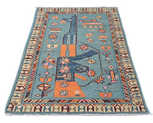 3x4 Blue Kuba Afghan Hand Knotted Wool Area Rug